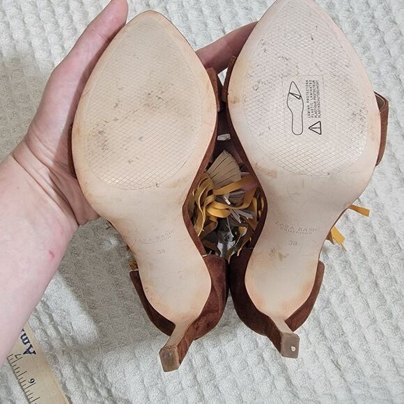 Zara Fringe Tassel Brown Multicolor Suede Stiletto Heel Sandals Size EU 38 7.5 - Picture 9 of 16